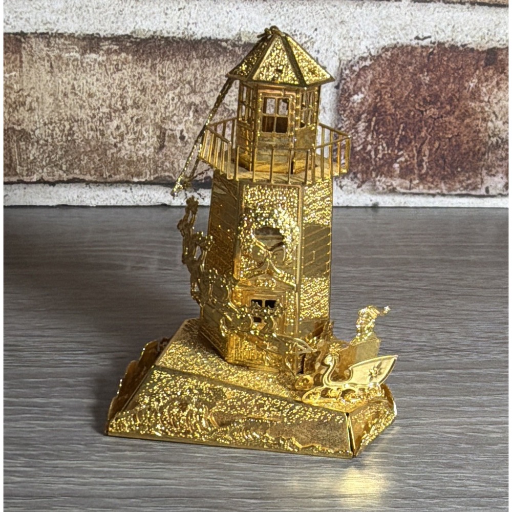 Vtg 80s Danbury Mint Gold Tone Metal Lighthouse Ornament Santa Sleigh Christmas